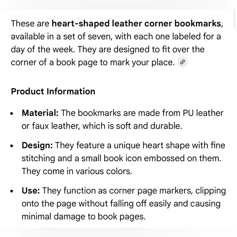 7 Piece Set Heart-Shaped Leather Corner Bookmarks, Days of The Week. New‎